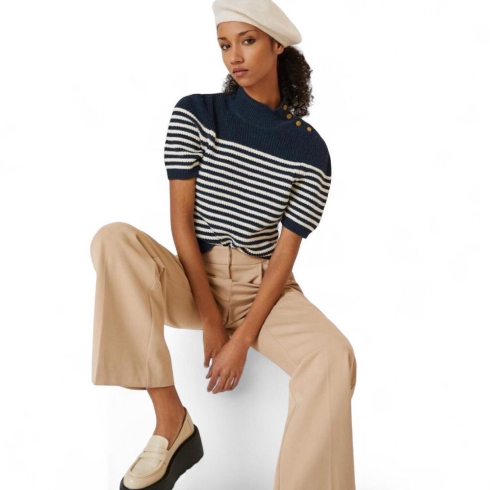 Anthropologie Maeve Navy and White Striped Knit Sweater with Gold Buttons